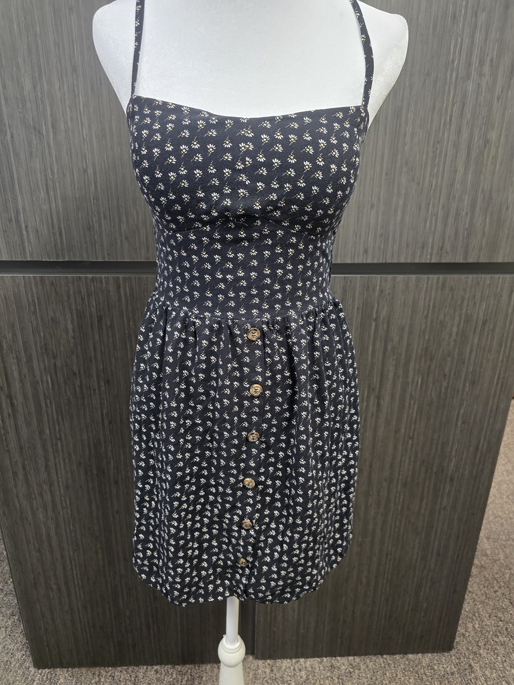 AUW Black Ditsy Floral Mini Dress Women's Medium Smocked Back Button Front